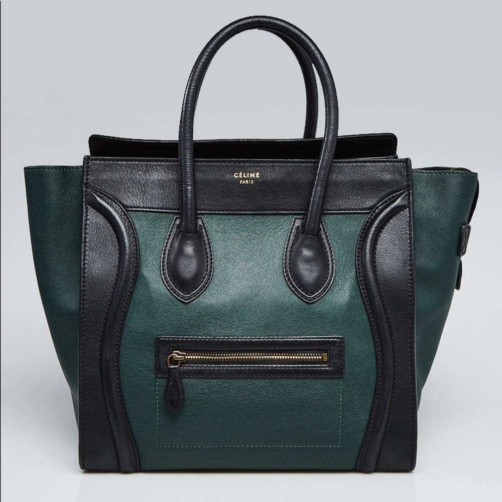 CELINE Black/Green Calfskin Mini Luggage Tote Bag